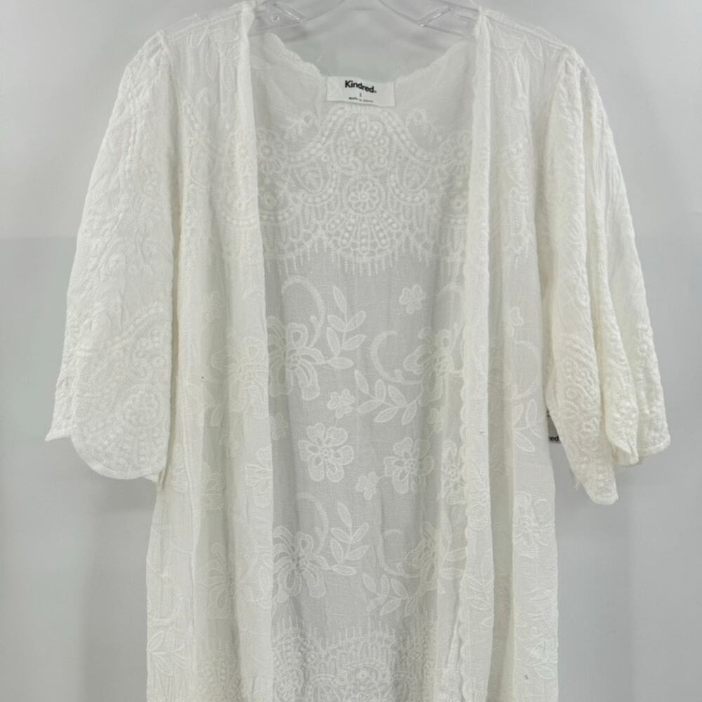 Kindred Boho Embroidered Kimono Coverup Sz L White Open Front Flutter Scallop - Picture 2 of 7